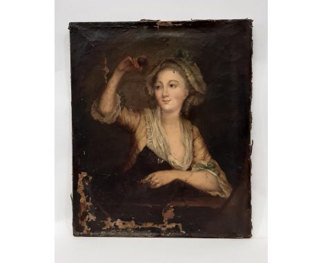 French School, 19th Century - Portrait of a lady holding two plums, half-length with an oval border, unsigned, 5 x 47 cm, unf