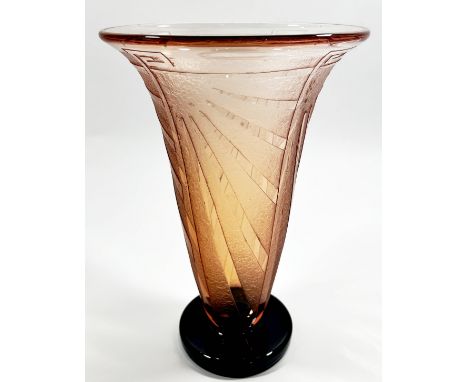 Charles Schnieder, a large ‘Luxor’ pattern acid etched tapering peach vase in the Art Deco style, with sun strike banded deta