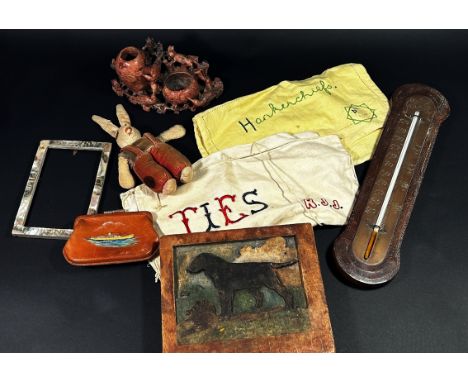 A small miscellaneous collection to include a Chinese soapstone brush pot, wall thermometer, etc