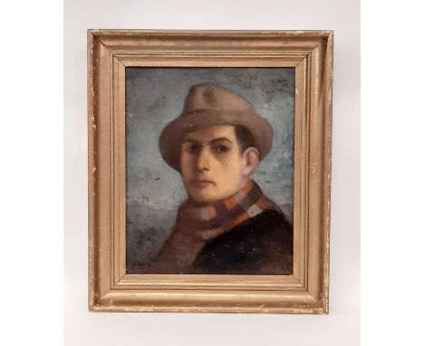 H. Doll (20th Century) - Portrait of a man wearing a hat and scarf, signed below with artist's name inscribed verso, oil on b