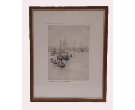 Rowland Langmaid (1897-1956) - 'Tower Bridge, Pool of London', drypoint etching, titled below, with artist's bio attached ver