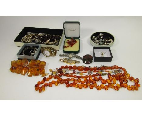 Collection of costume jewellery to include several amber pieces, three vintage watches, two silver christening bangles, etc 