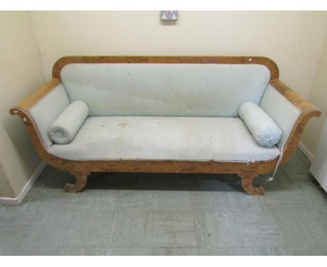19th century Biedermeier sofa with scrolled arms and sabre supports and upholstered finish, with show wood frame, 2.1m L appr