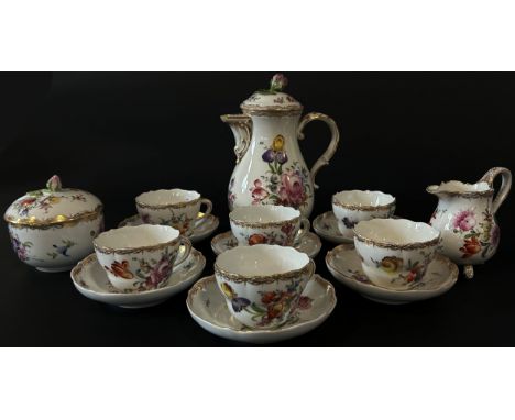 A quantity of 19th century and later Meissen tea wares comprising lidded hot water jug, lidded sugar bowl, cream jug, six tea