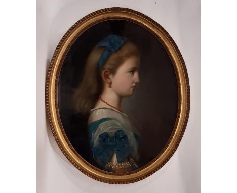 English School, 19th Century - An oval portrait of a girl wearing a blue dress and ribbons, quarter-length in profile, unsign