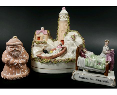 A small decorative collection to include four Prattware pot lids, a Staffordshire figure group, etc 