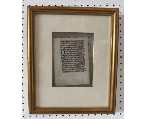 A framed manuscript leaf, probably from a Book of Hours, calligraphy in ink and polychromatic pigment on vellum, 13 x 9.5 cm,