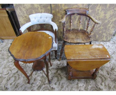 A smokers elbow chair together with a further upholstered tub chair, two tier pie crust occasional table and miniature oak ga