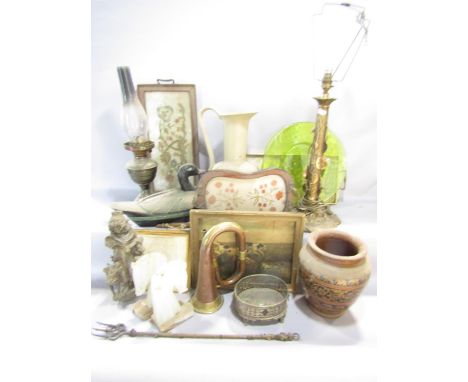 A miscellaneous collection to include a painted lacquer box and cover in the form of a seated duck, a copper bugle, cast meta