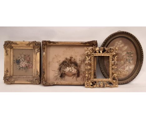 Four 19th century frames with Victorian works to include: a tapestry of a bouquet of flowers in a gilt frame, frame dimension