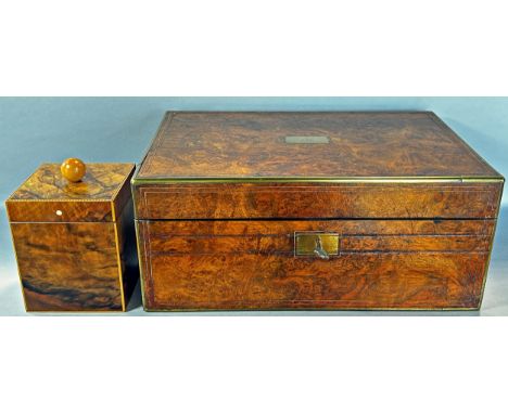 A good quality 19th century burr-walnut veneered travelling writing slope/box with applied brass borders and cartouche openin