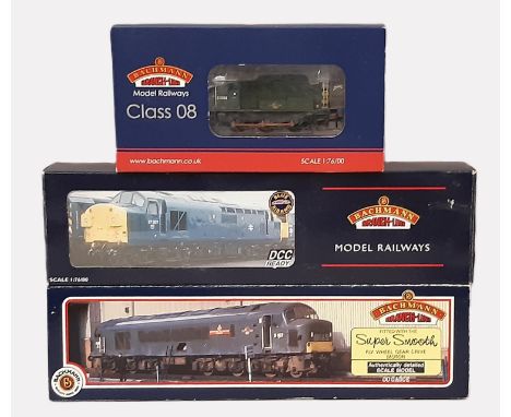 Three 00 gauge diesel locomotives by Bachmann, all in BR Green comprising 31-077 Class 46 D193, 32-776 Class 37/0 and 32-117 