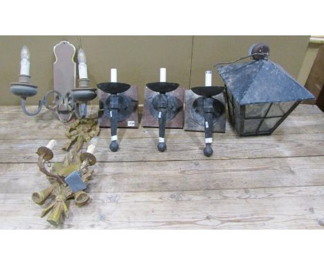 Mixed decorative lighting to include a tapering torch lantern with textured glass plates, 38cm high, a set of four ironwork w