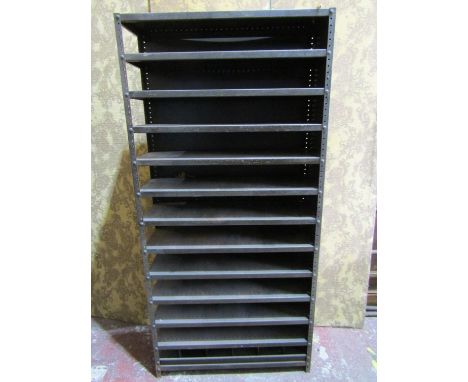 A vintage industrial / workshop bank of 12 shelves, 191cm high, 91 x 30cm 