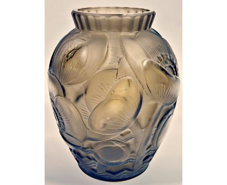 Pierre D'Avesn, a French frosted smoked glass vase of baluster form with angular rim, decorated with stylised poppies in the 