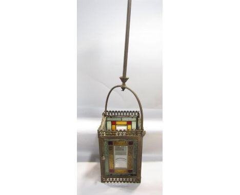 An Edwardian brass framed leaded stained glass porch lantern of rectangular form, 31 x 20 cm (excluding stem), 110 cm high ov
