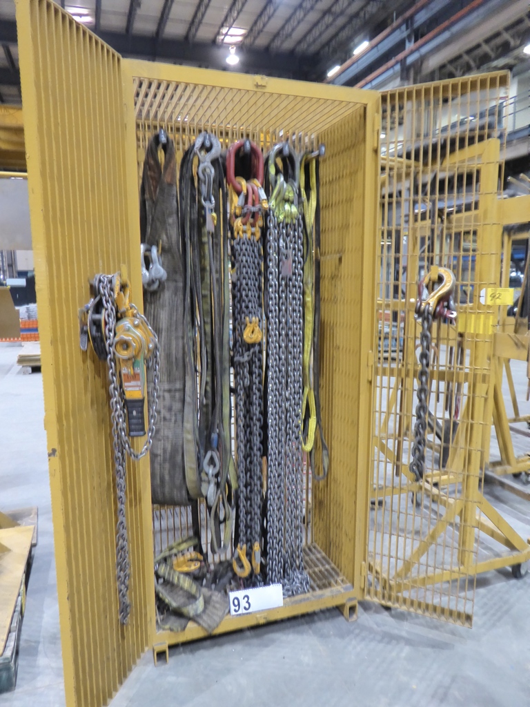 EXPANDED METAL STORAGE CAGE W/ CHAIN SLING, WEB SLINGS, COMEALONG, ETC