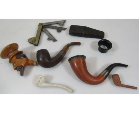 Various pipes, pipe heads etc., to include Sherlock Holmes type, 8cm high, wooden figurehead example, other clay pipes, etc. 