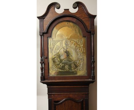 A principally late 18thC Country oak and mahogany longcase clock, the swan neck pedimented hood holding a brass part moon dia