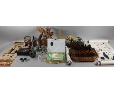 Various oriental items, to include a jade style puzzle ball in green, a pair of Dogs of Fo, 10cm high, modern cloisonné vase,
