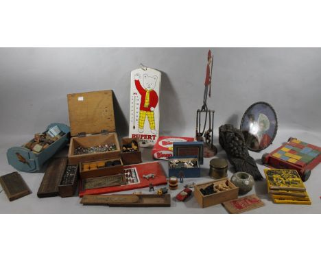 Various child's toys and games, to include a Brannan Rupert thermometer, 45cm high, early 20thC building blocks, pull along c