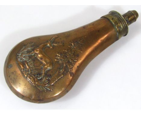 An early 20thC brass and copper powder flask, of teardrop outline with articulated top, raised with deer in naturalistic sett