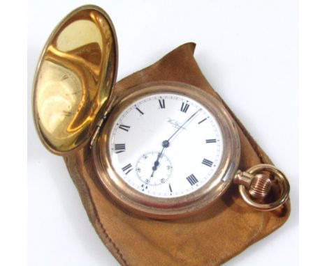 A mid 20thC hunter gold plated pocket watch, with ring top, plain case, Roman numeric dial, subsidiary Arabic second hand and