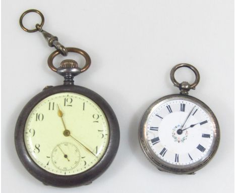 A ladies fob watch, the 4cm dia. Roman numeric dial fitted in an engine turned case, white metal marked 800 silver, and a fur