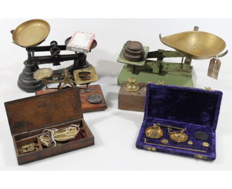 Various table scales, etc, postal scales, a graduated set of weights and a scientific scale in oak case 20cm wide. (a quantit