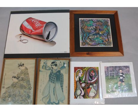 20thC Oriental School. Figure combing another's hair, block print, signed, 39cm x 28cm, another similar, aboriginal print and