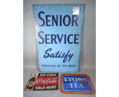 Various tin advertising signs, Senior Service in blue colour way 92cm x 63cm, others for Lyon's Tea and another modern Coco C