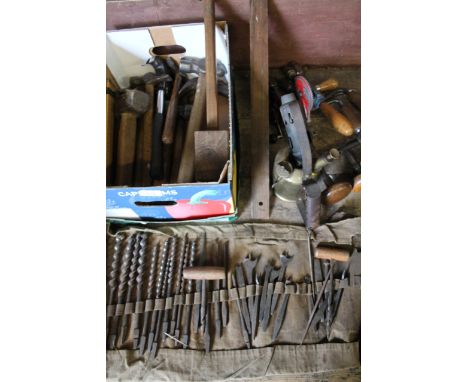 Various vintage tools, to include a wooden mallet 40cm wide, various hammers, miniature rock hammer, drill bits, hand drills,