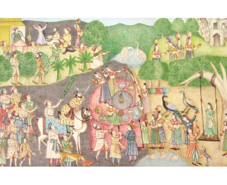 20thC Indian School. Many figures in a procession before buildings, material print in colours, possible hand touching, unsign