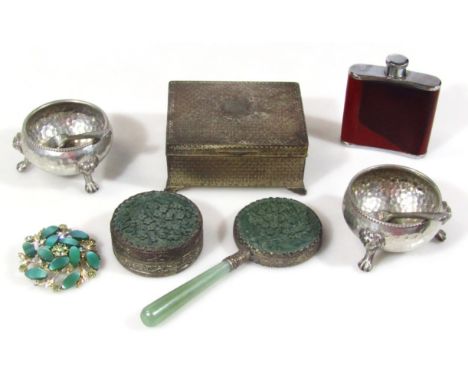 A green jade style hand mirror, the circular outline with shaped stem, 16cm high, a similar design powder box, plated cigaret