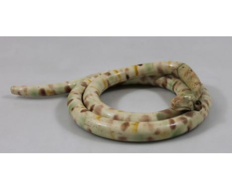 An unusual 18thC style entwined Palissy style serpent pipe, in splash decoration with plain bowl, 19cm wide. 