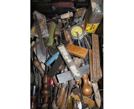 Vintage tools, to include wooden handle, orb top chisel, 35cm wide, trowels, screwdrivers, callipers, brushes, measuring rule