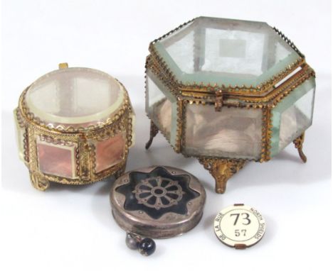 A De La Rue North Shields '73 bus conductor's badge, 5cm diameter, two table top glass watch caskets, etc. (a quantity)