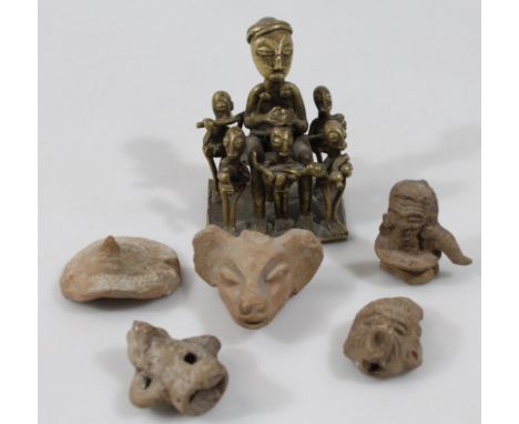 A ceremonial Escuintla Guatemala whistle, 12cm high and various tomb style head figures some hollow, Inca style. (a quantity)