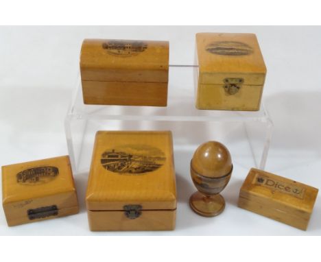 Various Mauchlineware, to include Esplanade Bognor egg cup and cover, 8cm high, domed topped miniature trunk, similar dice ca