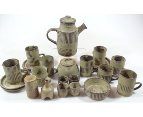 Various Tremar Studio pottery tableware, to include lidded coffee pot, 22cm high, cups, saucers, miniature dishes, etc. (a qu