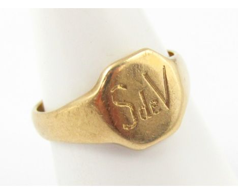 An 18ct gold signet ring, with octagonal head marked, Sde V, size R, 6g.