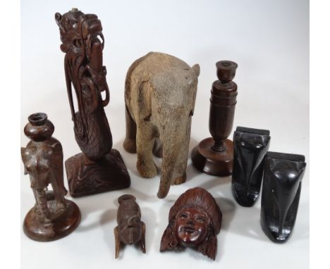 Various tribal items, hardwood Chinese and other figures, dragon lamp, 44cm high, wall masks, elephant, Tibetan style wall ma