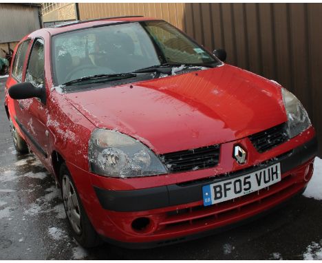 A Renault Clio 1.2 Expression 16V five door hatchback car, 2005, in red, manual, registration no. BF05 VUH, with registration