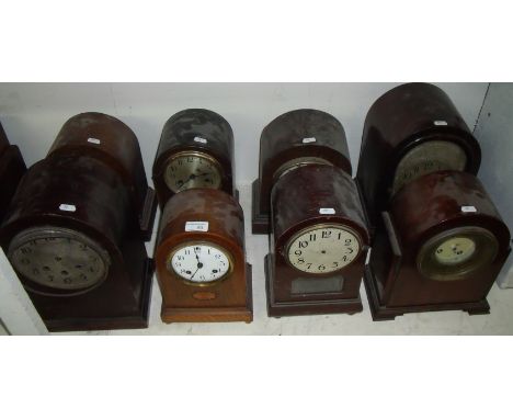 Early 20th c inlaid golden oak two train mantel clock the movement by Ansonia and seven other similar mantel clocks