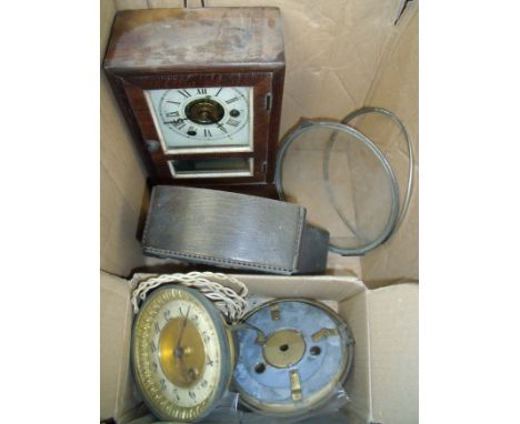 Selection of various clock movements, parts and accessories including stands, glasses including mantel clock and small wall c