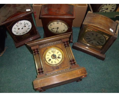 Edwardian inlaid mahogany mantel clock with two train striking movement by Waterbury and seven other American (two boxes)