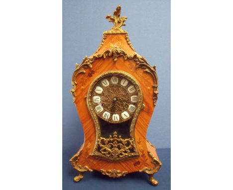 Reproduction walnut inlaid and gilt mounted mantel clock
