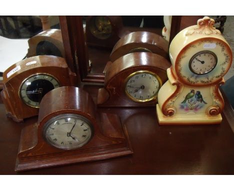 Mahogany inlaid steel faced mantel clock, another similar by J Smiths & Son Derby, ceramic cased clock and a oak cased Glen c