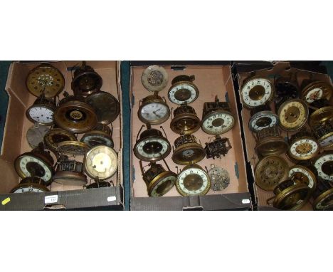 Late 19th C predominately French two train mantel clock movements striking on back including Japy Freres, Martini etc (three 