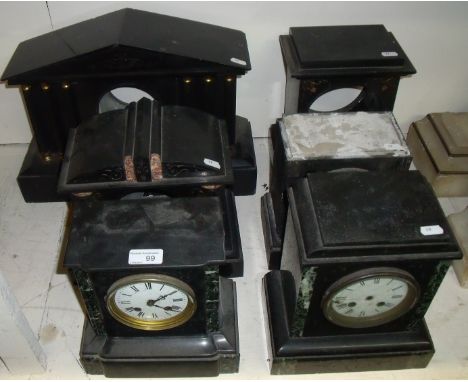 Late 19th C slate and variegated marble mantel clock with two train movement striking on a bell (lacking bell) and five slate
